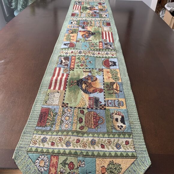 Other - Farm table runner with animals pigs, roosters, cows, cat, corn, apples 70" X 12"